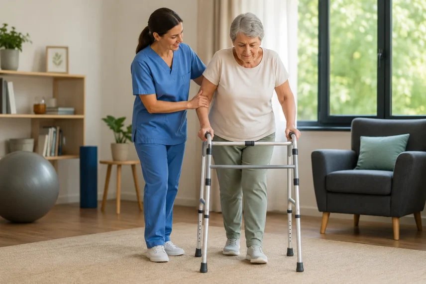 Attendant helping patient with mobility